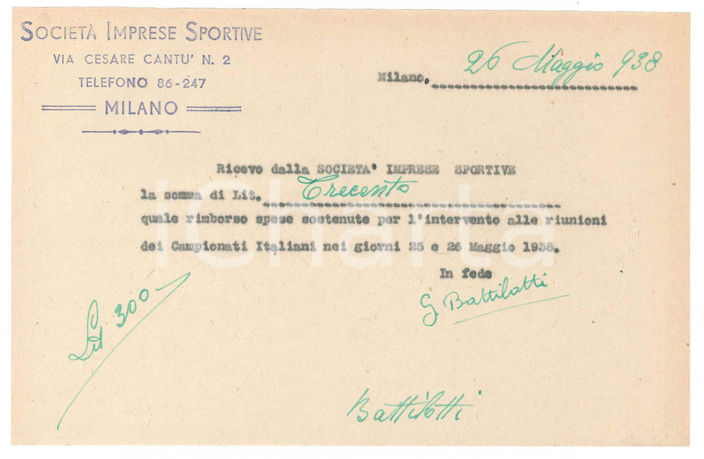 Autografo originale 1938 CICLISMO MILANO Ricevuta Gastone BATTILOTTI per rimborso spese AUTOGRAFO 1