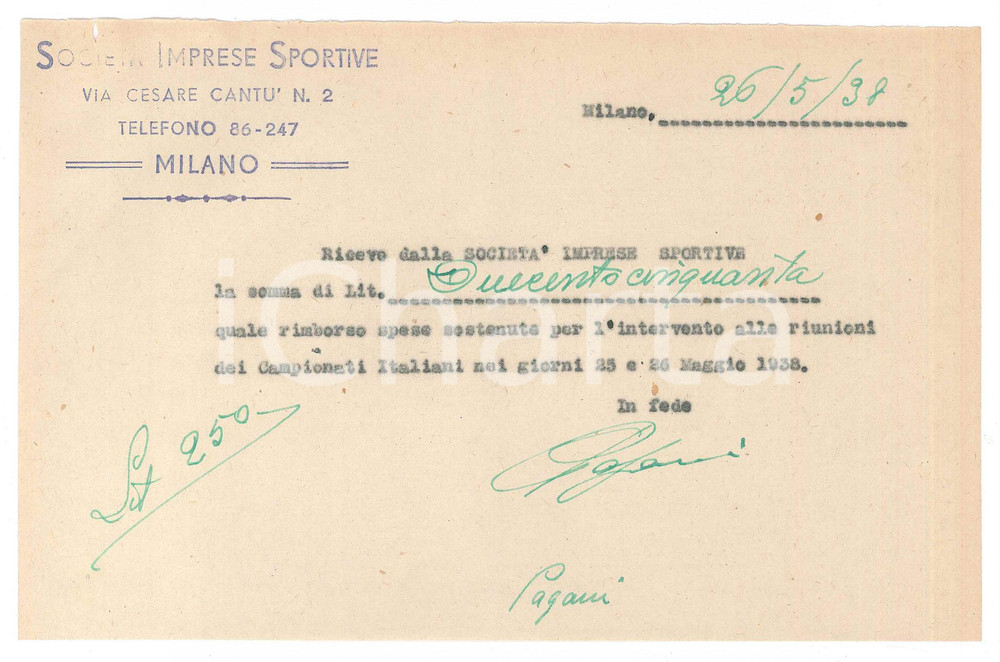 Autografo originale 1938 CICLISMO MILANO Ricevuta Antonio PAGANI per rimborso spese AUTOGRAFO 1