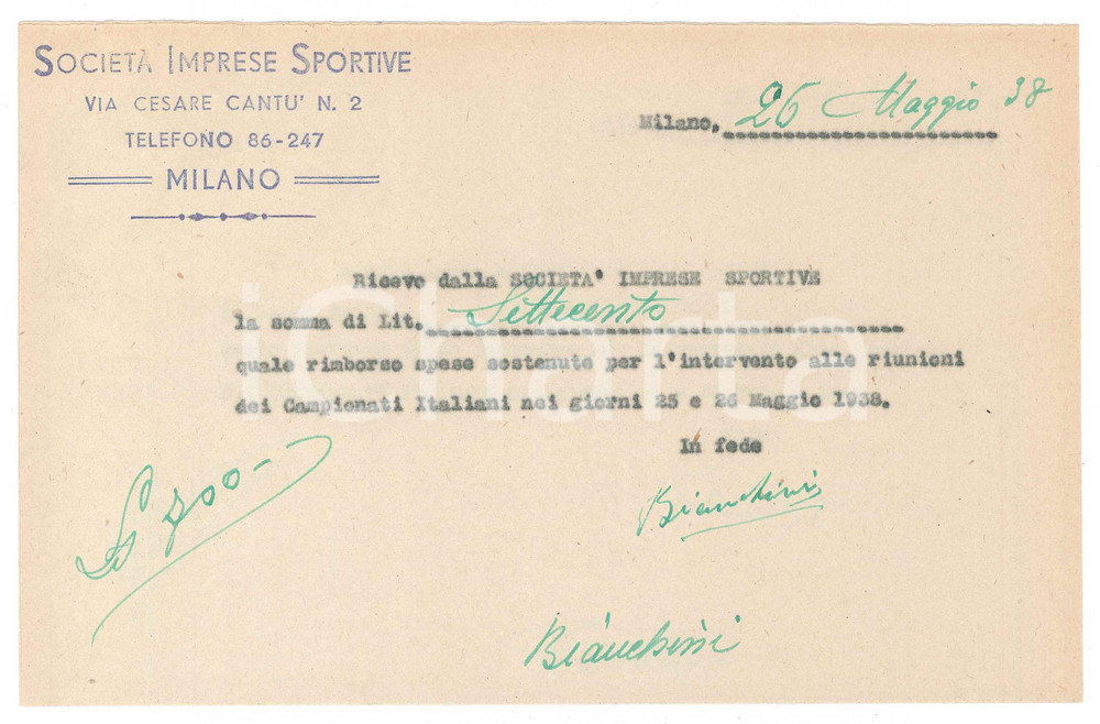 Autografo originale 1938 CICLISMO MILANO Ricevuta Giuseppe BIANCHINI per rimborso spese AUTOGRAFO 1