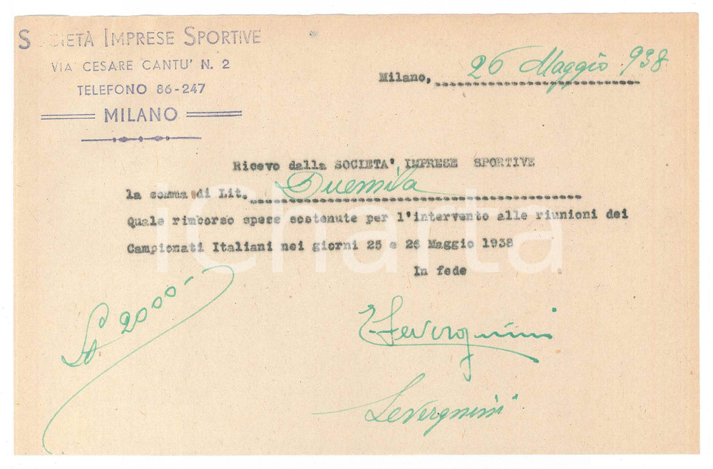Autografo originale 1938 CICLISMO MILANO Ricevuta Edoardo SEVERGNINI rimborso spese AUTOGRAFO 1