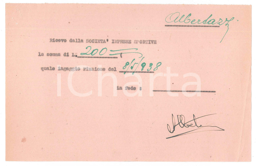 1938 CICLISMO MILANO Ricevuta ALBERTAZZI per ingaggio Vigorelli *AUTOGRAFO