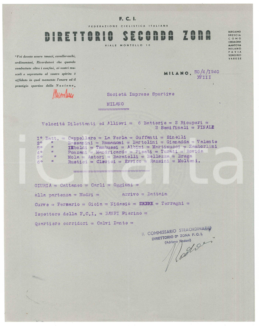 Autografo originale 1940 CICLISMO MILANO Adriano RODONI su gare velocitÃ  dilettanti AUTOGRAFO 1