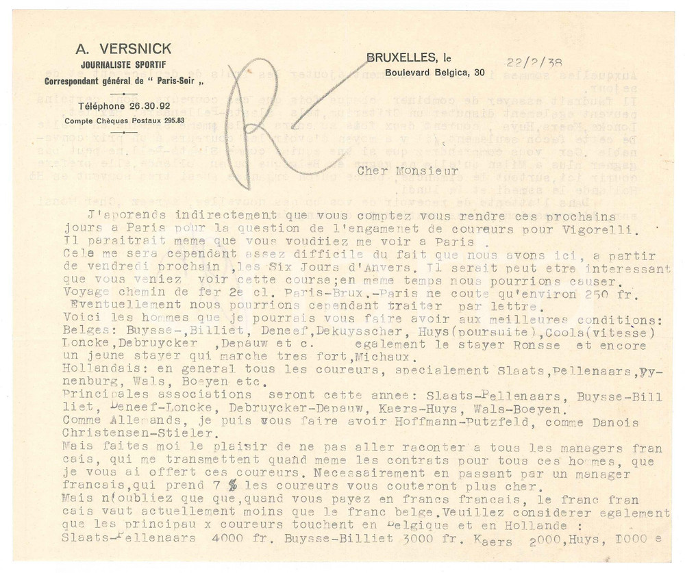 1938 BRUXELLES CICLISMO A. VERSNICK propone ciclisti per il Vigorelli *AUTOGRAFO