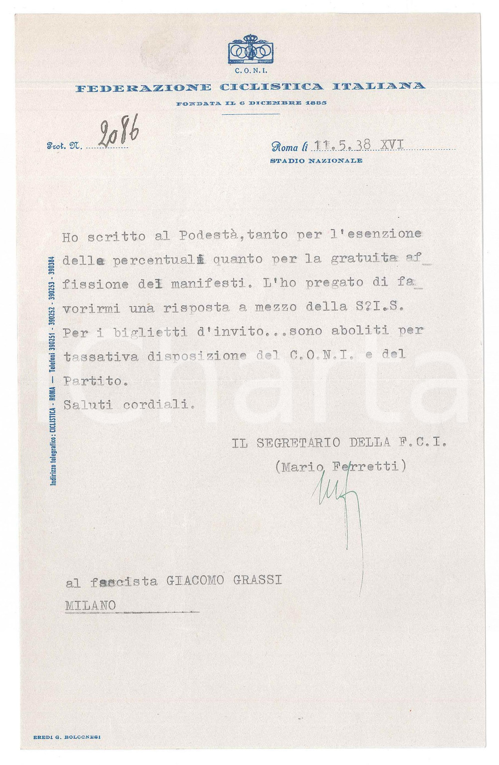 Manoscritto, lettera originale 1938 CICLISMO ROMA CONI Mario FERRETTI  Biglietti invito aboliti  AUTOGRAFO 1