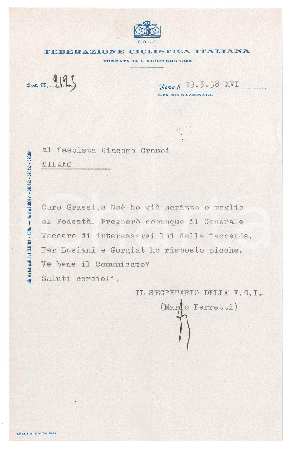 Manoscritto, lettera originale 1938 CICLISMO ROMA CONI Mario FERRETTI coinvolge il gen. Vaccaro  AUTOGRAFO 1