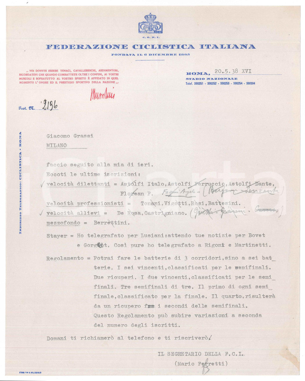 Manoscritto, lettera originale 1938 CICLISMO ROMA CONI Mario FERRETTI su iscrizioni e regolamento  AUTOGRAFO 1