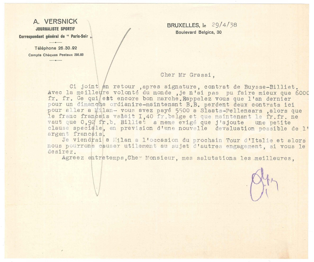 Autografo originale 1938 BRUXELLES CICLISMO A. VERSNICK su ingaggio BUYSSEBILLIET AUTOGRAFO 1
