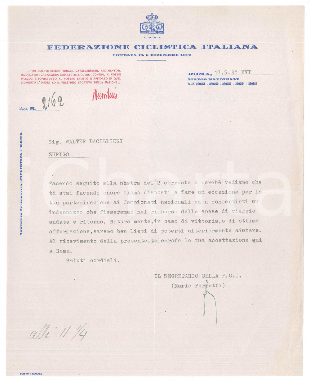 Manoscritto, lettera originale 1938 CICLISMO ROMA CONI Mario FERRETTI su rimborso a Bacillieri AUTOGRAFO 1