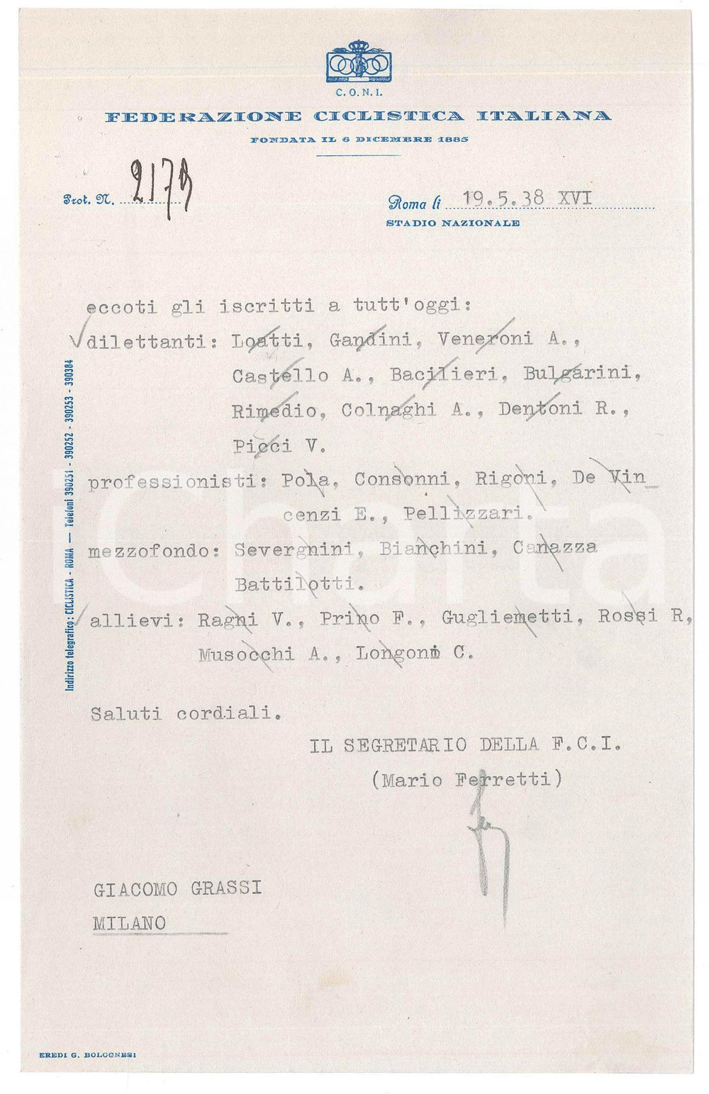 Manoscritto, lettera originale 1938 CICLISMO ROMA CONI Lettera Mario FERRETTI su iscritti alle gare AUTOGRAFO 1