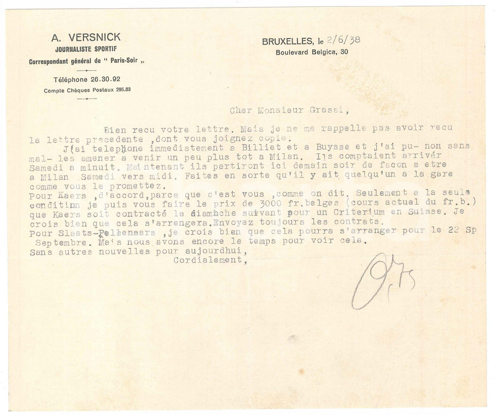 Autografo originale 1938 BRUXELLES CICLISMO A. VERSNICK su ingaggio Karel KAERS AUTOGRAFO 1