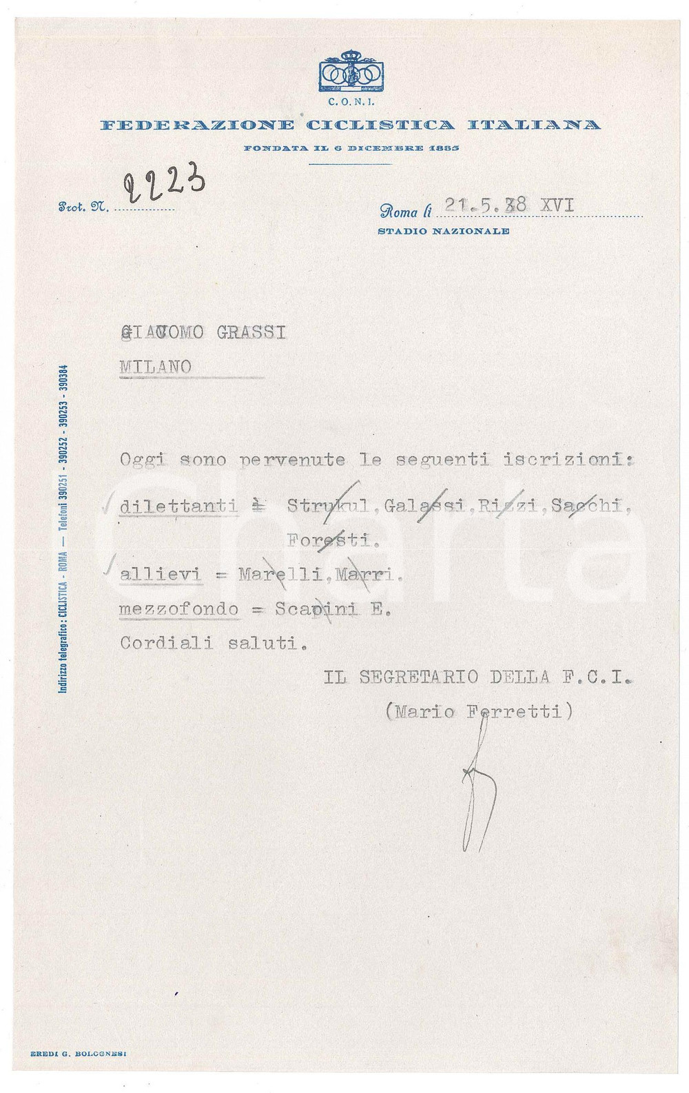 Manoscritto, lettera originale 1938 CICLISMO ROMA CONI Lettera Mario FERRETTI su iscrizioni alle gare AUTOGRAFO 1