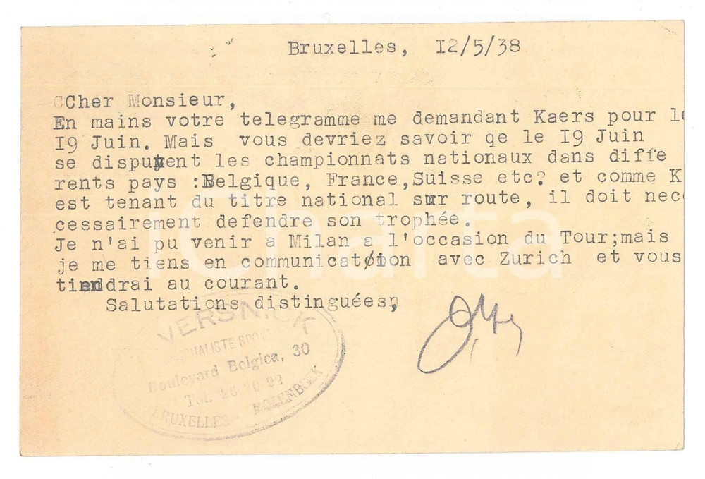 Autografo originale 1938 BRUXELLES CICLISMO  A. VERSNICK su Karel KAERS e il titolo nazionale 1