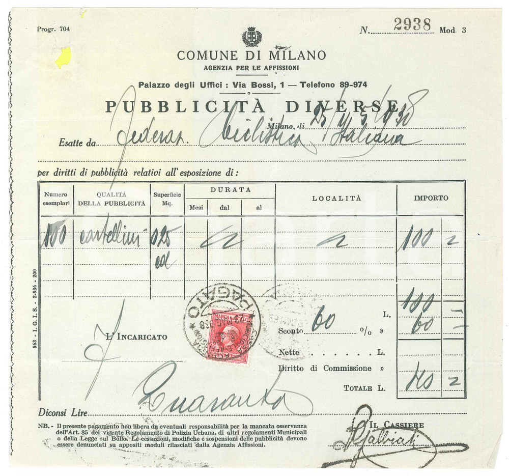 Documento originale, autentico 1938 MILANO Agenzia Affissioni  Ricevuta Velodromo VIGORELLI 20x19 cm 1