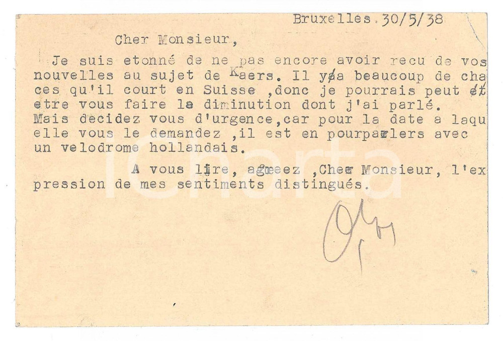 Autografo originale 1938 BRUXELLES CICLISMO Cartolina A. VERSNICK su Karel KAERS  Autografo 1