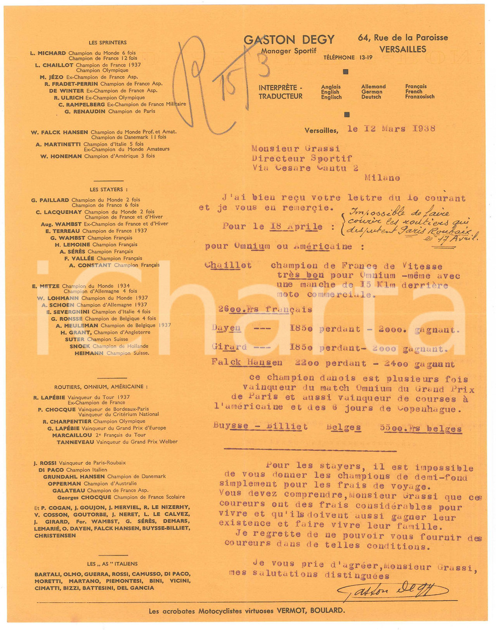 Autografo originale 1938 CICLISMO VERSAILLES Gaston DEGY ingaggia corridori per omnium  AUTOGRAFO 1