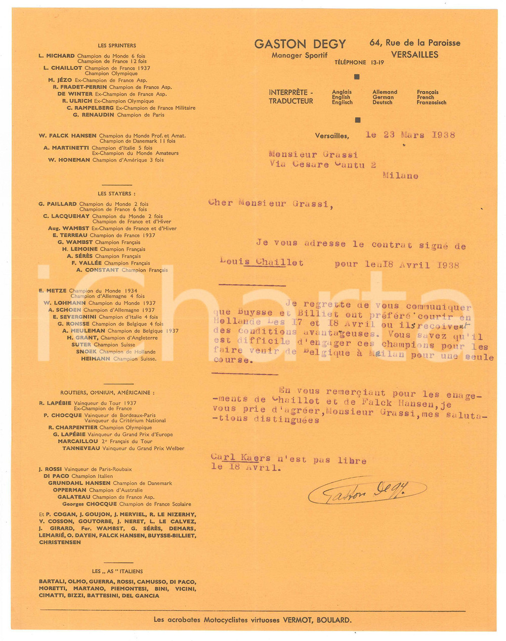 Autografo originale 1938 CICLISMO VERSAILLES Gaston DEGY su BUYSSE e BILLET in Olanda  AUTOGRAFO 1