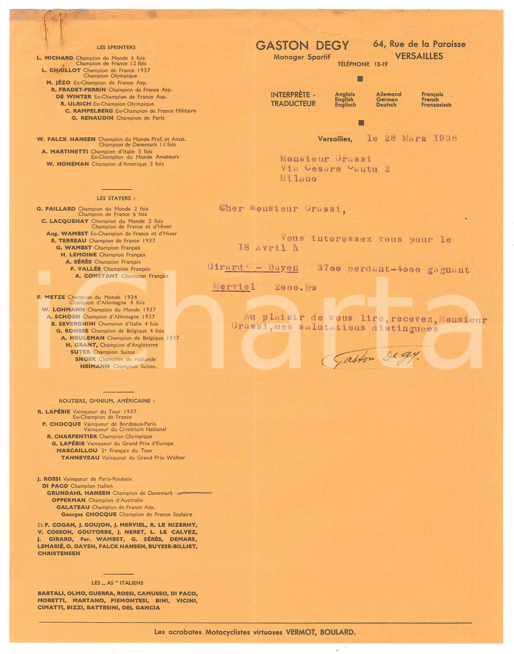 Autografo originale 1938 CICLISMO VERSAILLES Gaston DEGY su ingaggio GIRARD DAYEN  AUTOGRAFO 1