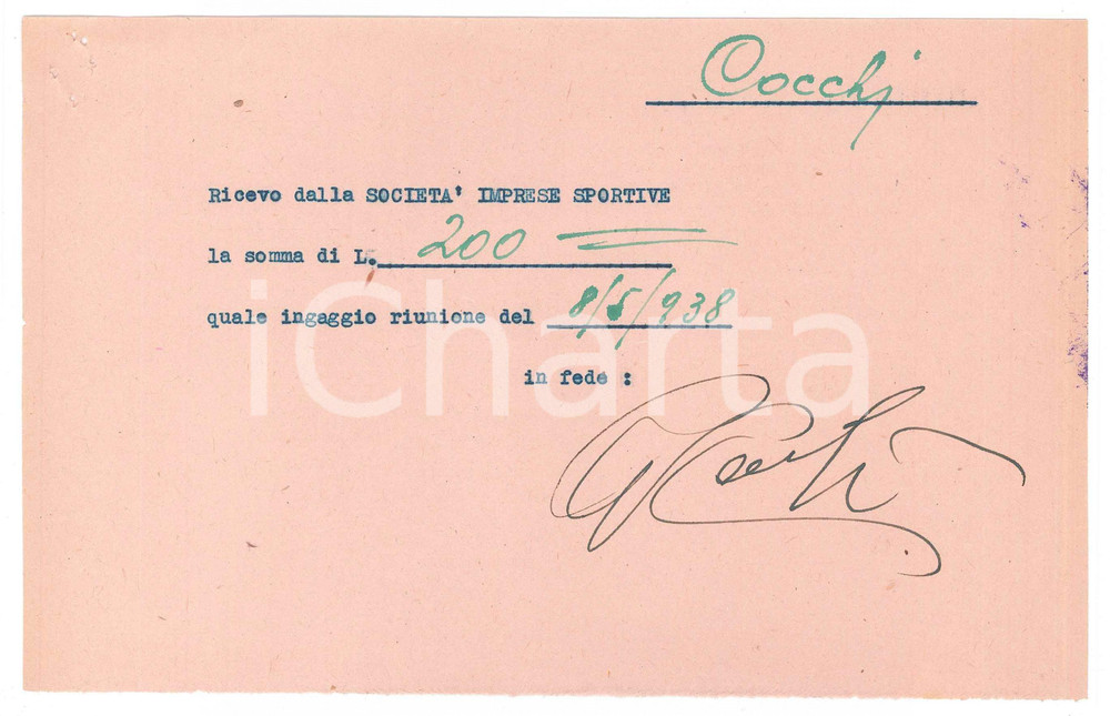 Autografo originale 1938 CICLISMO MILANO Ricevuta Giovanni COCCHI per ingaggio Vigorelli AUTOGRAFO 1