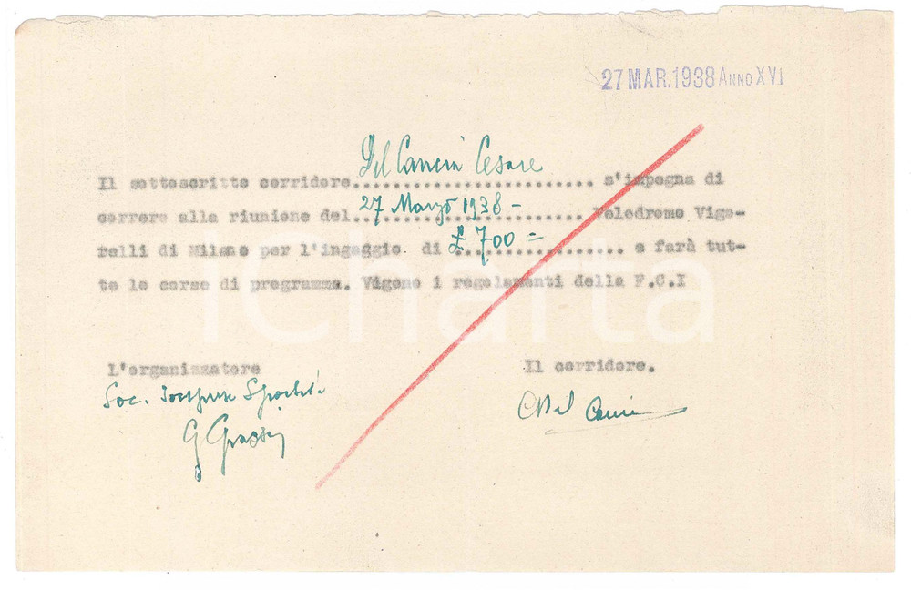Autografo originale 1938 CICLISMO MILANO Ricevuta Cesare DEL CANCIA per ingaggio VIGORELLI AUTOGRAFO 1