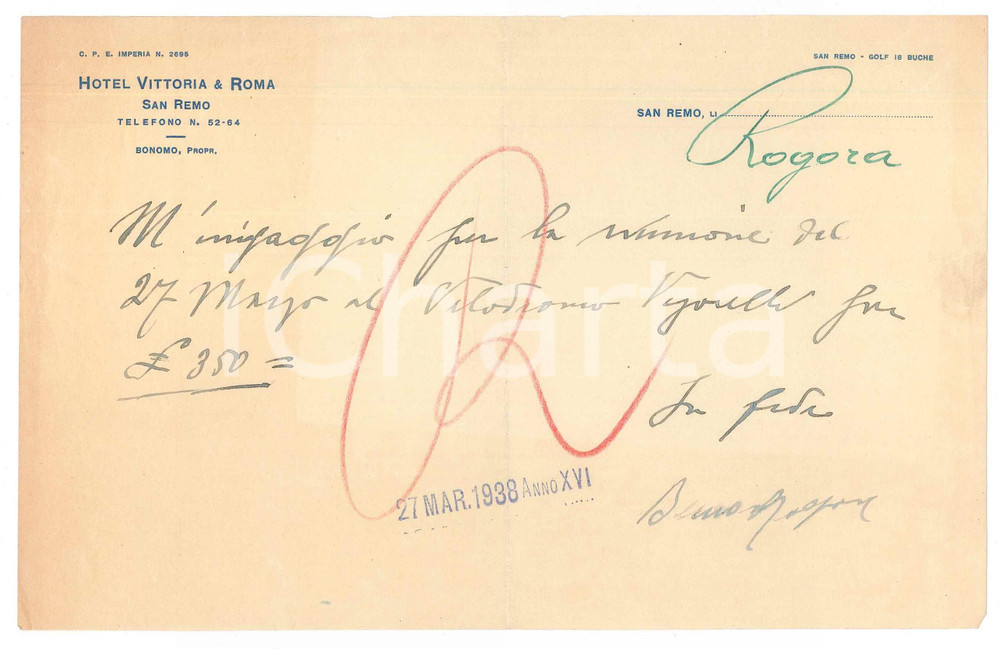 Autografo originale 1938 CICLISMO SANREMO Bernardo ROGORA conferma ingaggio al Vigorelli  AUTOGRAFO 1