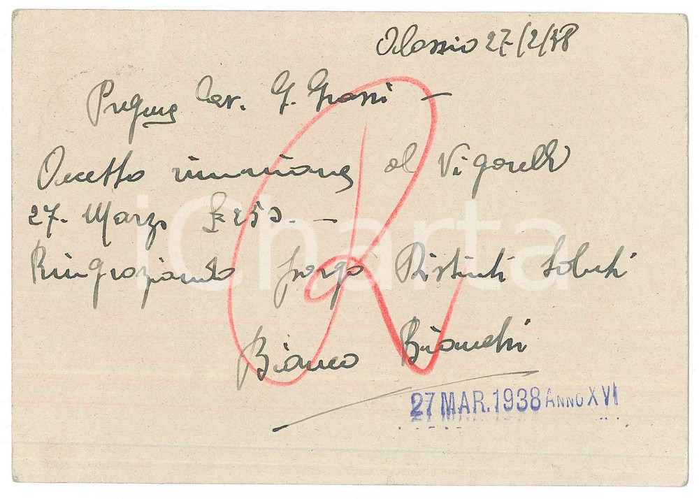 Autografo originale 1938 CICLISMO ALASSIO Bianco BIANCHI conferma gara al Vigorelli  AUTOGRAFO 1