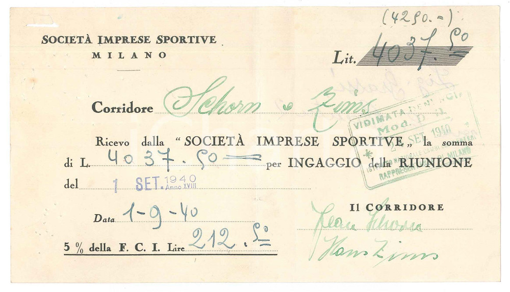1940 CICLISMO MILANO - Ricevuta Jean SCHORN Hans ZIMS ingaggio gara AUTOGRAFI