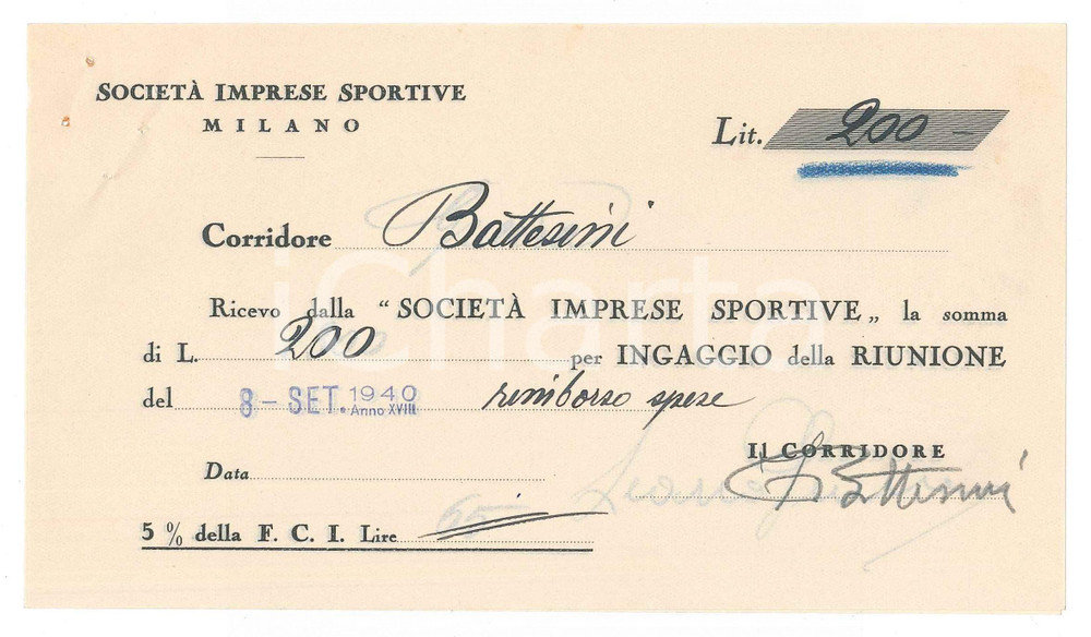 Autografo originale 1940 CICLISMO MILANO VIGORELLI Ricevuta Fabio BATTESINI ingaggio gara AUTOGRAFO 1