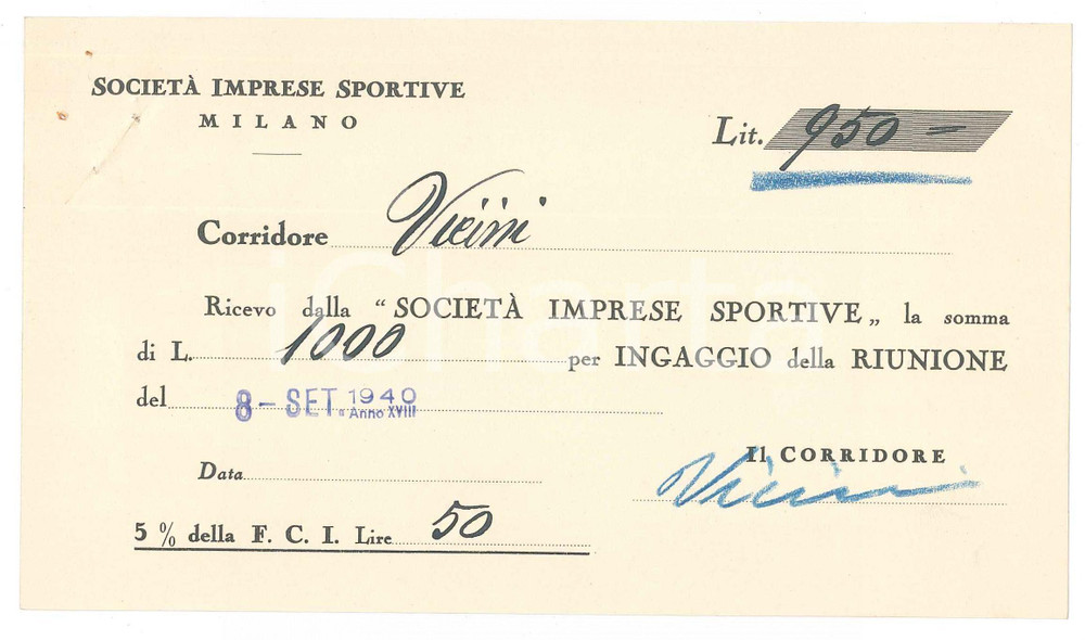 Autografo originale 1940 CICLISMO MILANO VIGORELLI Ricevuta Mario VICINI per una corsa AUTOGRAFO 1