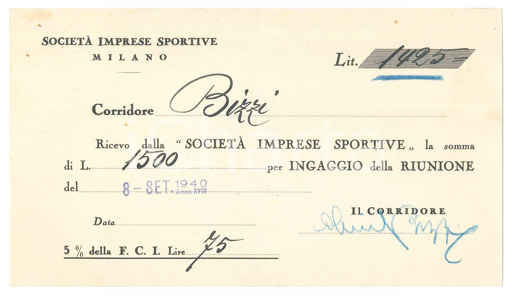 Autografo originale 1940 CICLISMO MILANO VIGORELLI Ricevuta Olimpio BIZZI per corsa AUTOGRAFO 1