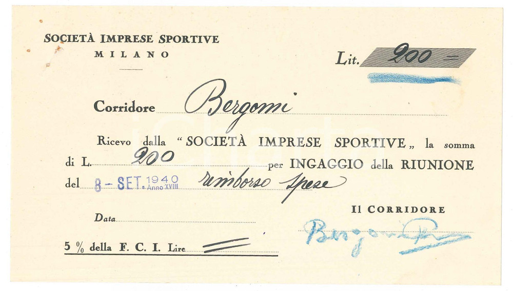 Autografo originale 1940 CICLISMO MILANO VIGORELLI Ricevuta Primo BERGOMI per corsa  AUTOGRAFO 1
