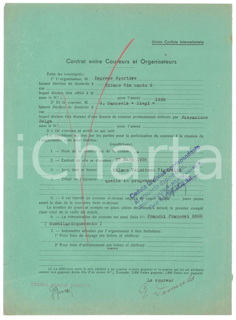 Autografo originale 1938 CICLISMO MILANO VIGORELLI  Contratto ingaggio Gustave DANNEELS  Autografo 1