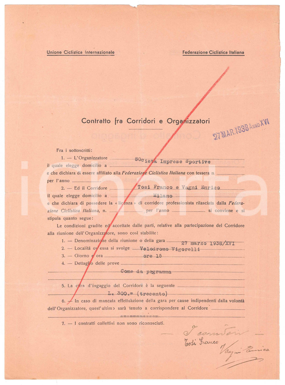 1938 CICLISMO MILANO Contratto gara Franco TOSI Enrico VAGNI - Autografi