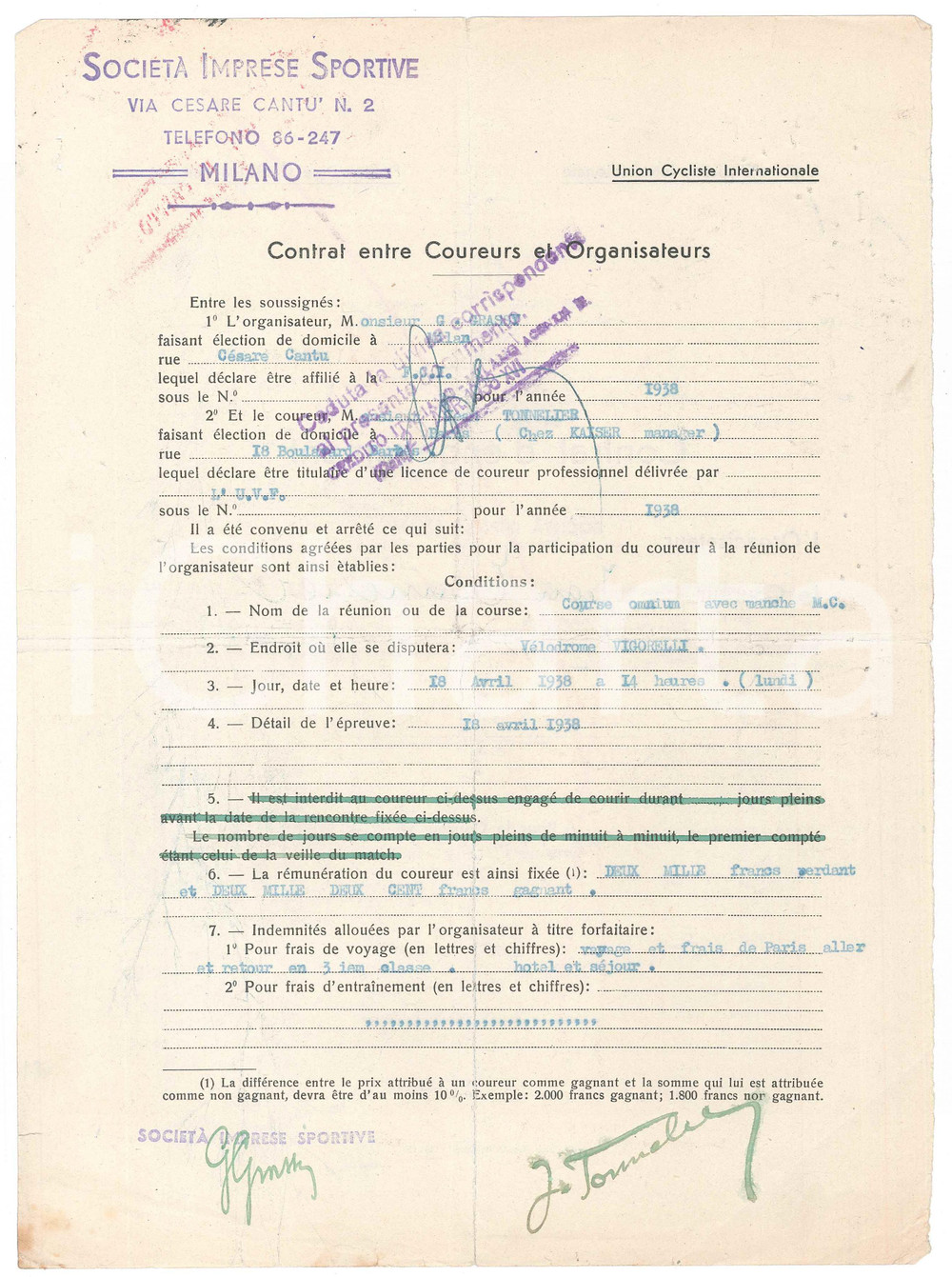 1938 CICLISMO MILANO VIGORELLI - Contratto ingaggio Jean TONNELIER - Autografo Contratto di ingaggio per il ciclista, con firma autografa, per la "Societ&agrave; Imprese Sportive".PAGINE: 1 (2 facciate) FAIR/discreto piegature d'epoca e minimi strappi marginali  originale e autentica 1
