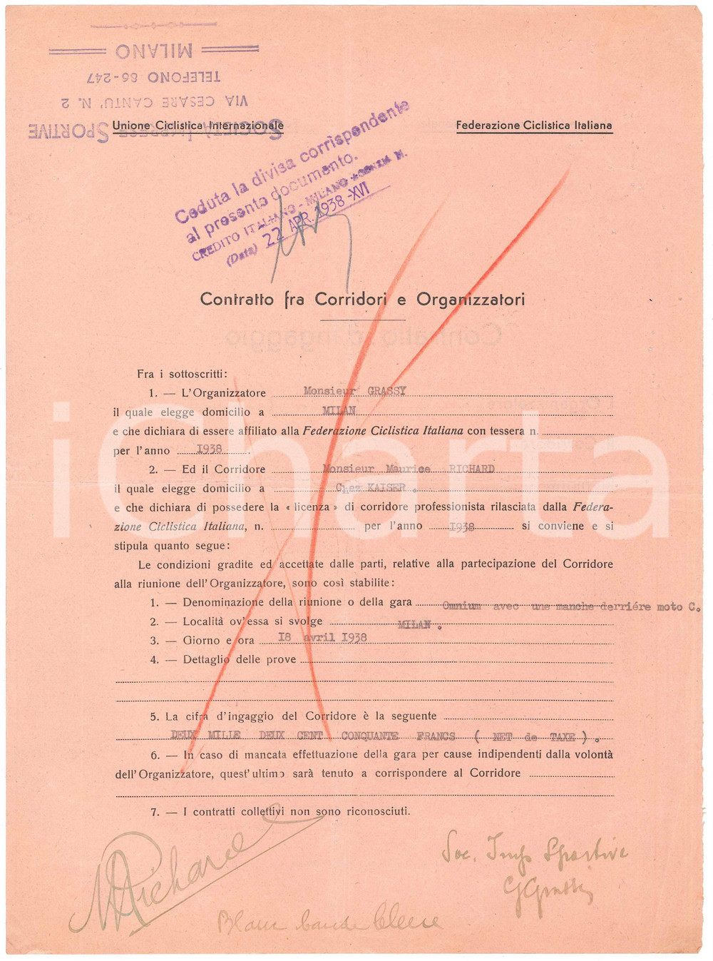 Autografo originale 1938 CICLISMO MILANO VIGORELLI  Contratto ingaggio Maurice RICHARD  Autografo 1