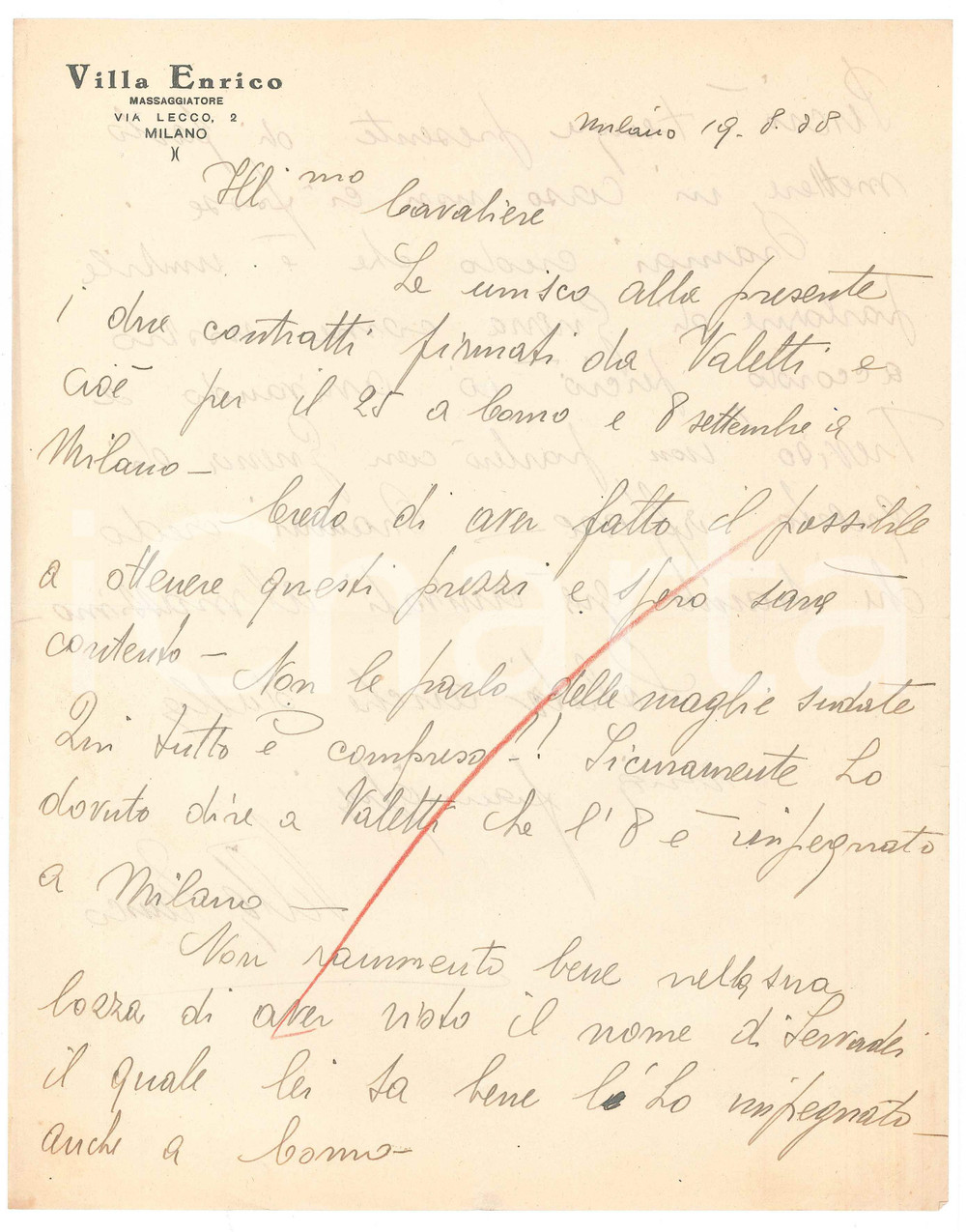 1938 CICLISMO MILANO Enrico VILLA per contratti Giovanni VALETTI *Autografo Lettera autografa del manager.PAGINE: 1 (2 facciate) FAIR/discreto piegature d'epoca; piccoli strappi laterali  originale e autentica 1