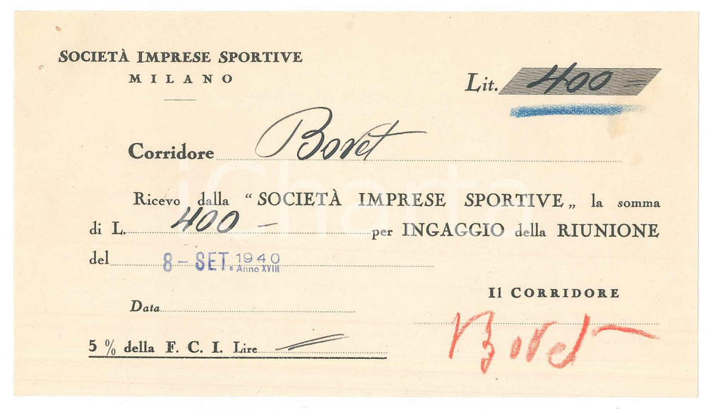 Autografo originale 1940 CICLISMO Milano VIGORELLI Ricevuta Alfredo BOVET per corsa  AUTOGRAFO 1
