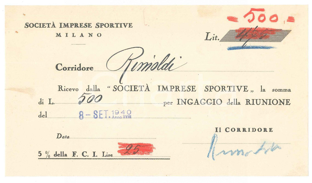 Autografo originale 1940 CICLISMO Milano VIGORELLI Ricevuta Pietro RIMOLDI per corsa  AUTOGRAFO 1
