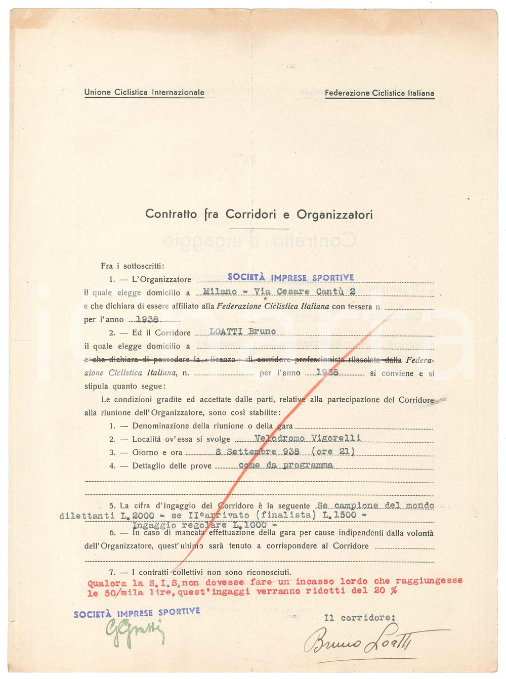 1938 CICLISMO MILANO VIGORELLI - Contratto ingaggio Bruno LOATTI - Autografo