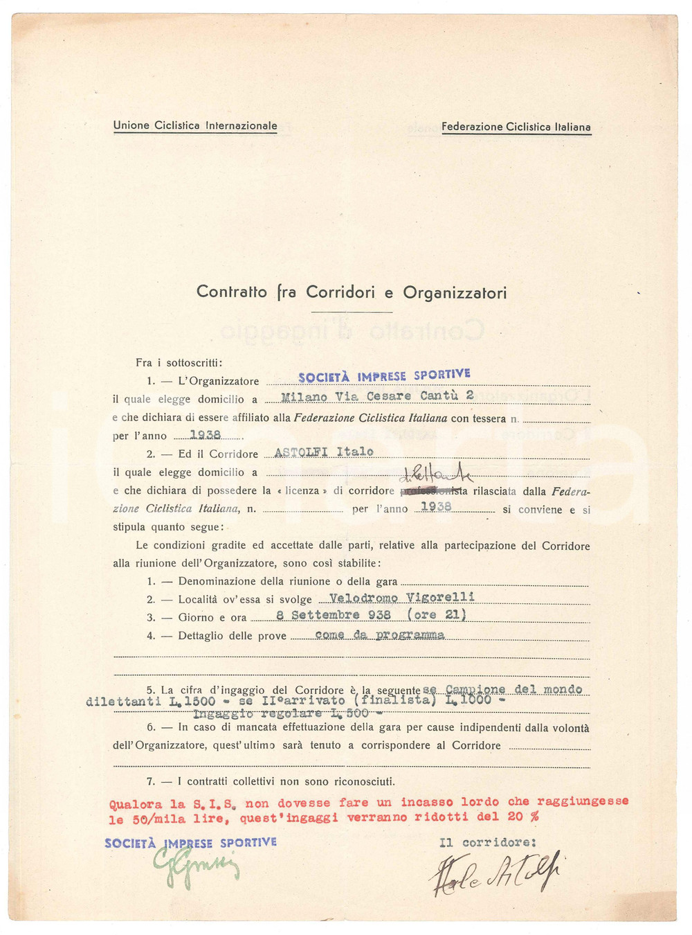 Autografo originale 1938 CICLISMO MILANO VIGORELLI  Contratto ingaggio Italo ASTOLFI  Autografo 1