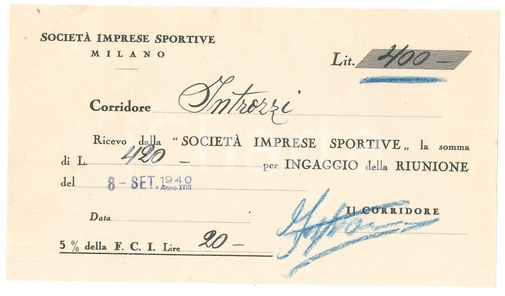 Autografo originale 1940 CICLISMO Milano VIGORELLI Ricevuta Augusto INTROZZI per corsa  AUTOGRAFO 1