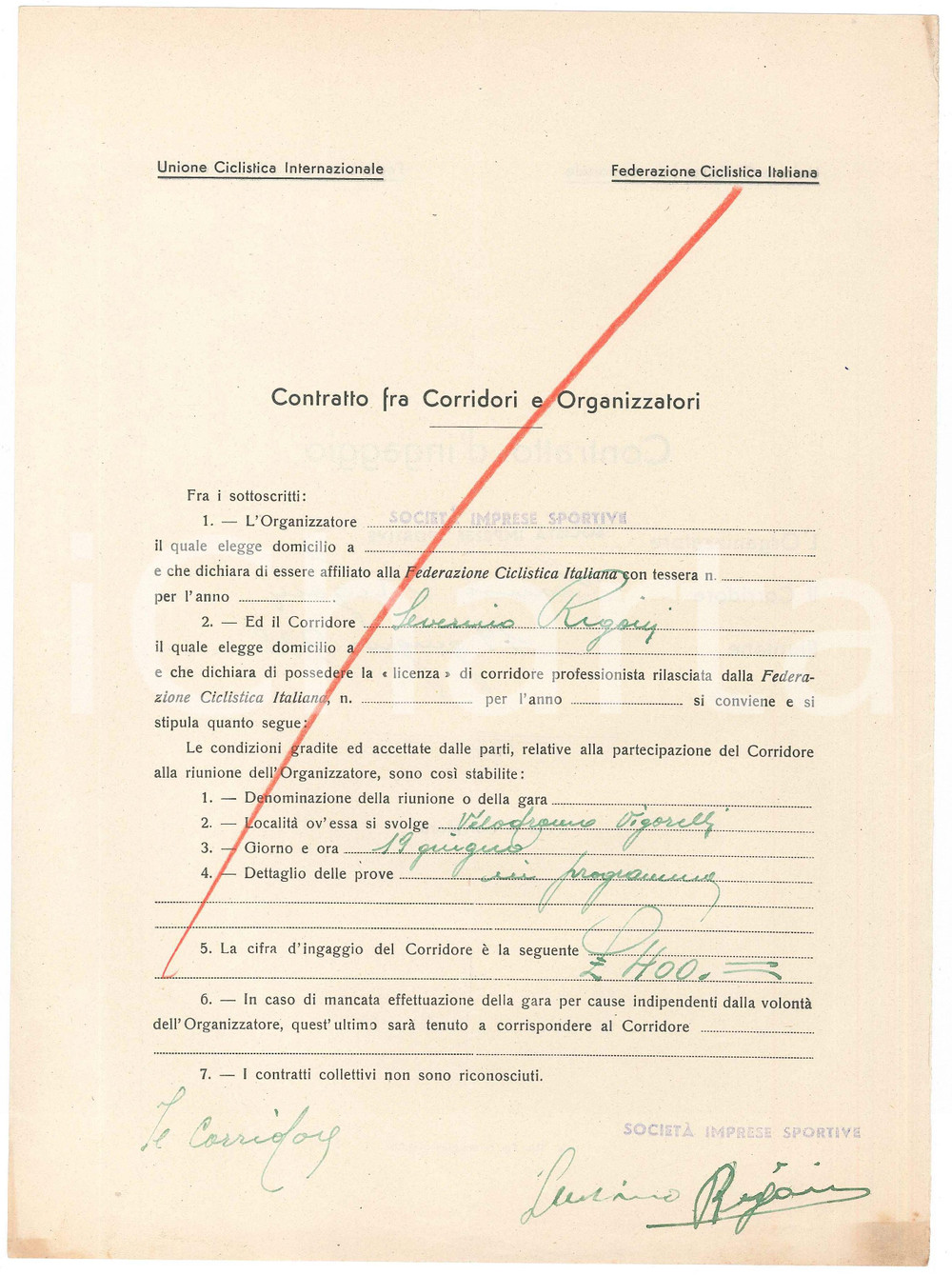 Autografo originale 1938 CICLISMO MILANO VIGORELLI  Contratto ingaggio Severino RIGONI  Autografo 1