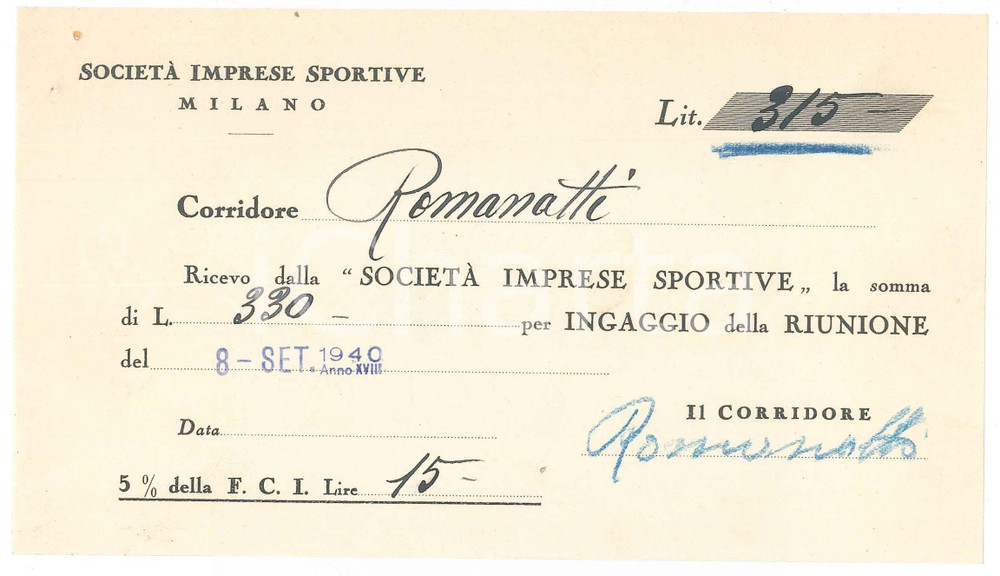 Autografo originale 1940 CICLISMO Milano VIGORELLI Ricevuta Carlo ROMANATTI per corsa  AUTOGRAFO 1