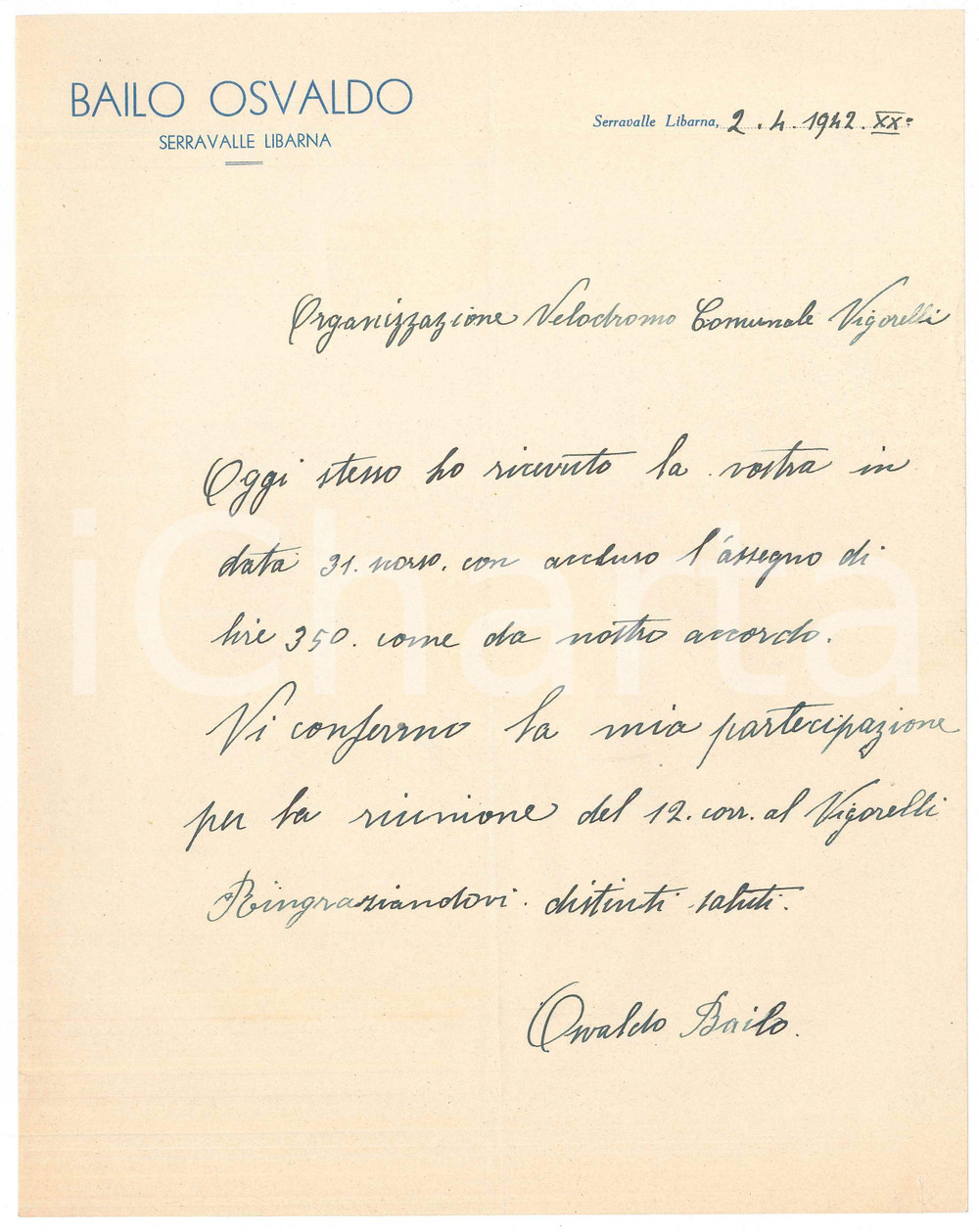 Autografo originale 1942 CICLISMO SERRAVALLE SCRIVIA Osvaldo BAILO conferma gara Vigorelli AUTOGRAFO 1