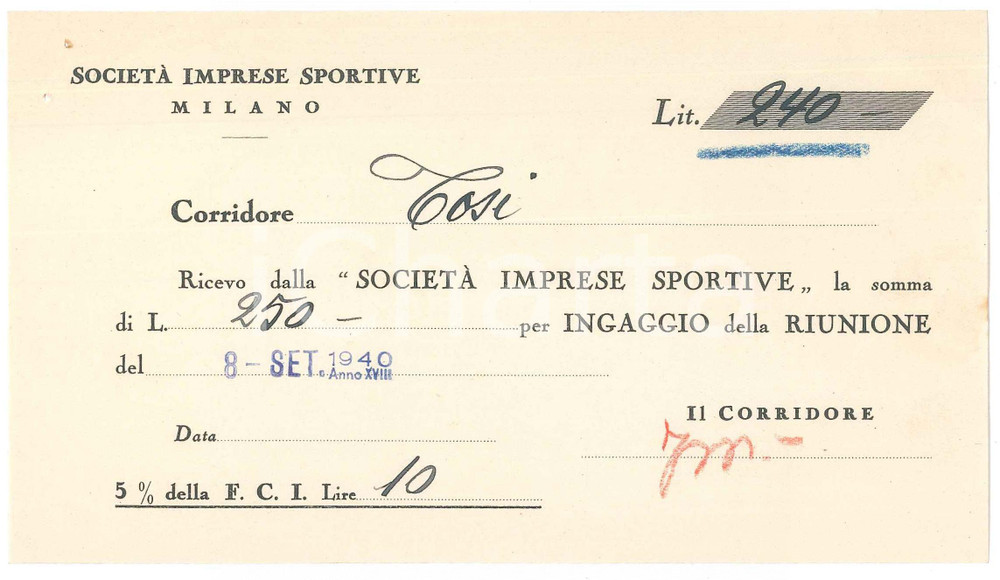 Autografo originale 1940 CICLISMO Milano VIGORELLI Ricevuta Angelo TOSI per corsa  AUTOGRAFO 1