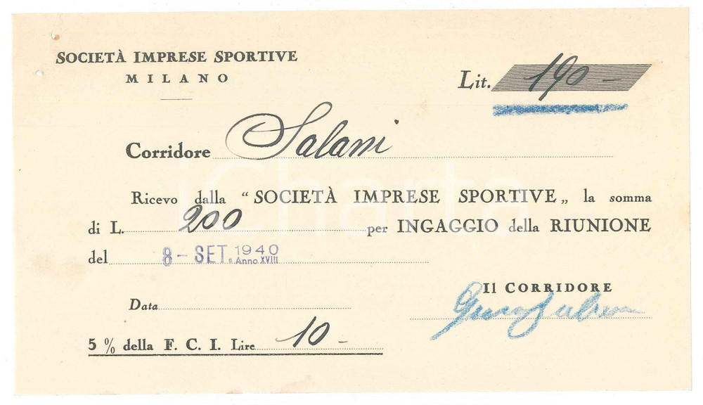 Autografo originale 1940 CICLISMO Milano Vigorelli  Ricevuta Gino SALANI per una corsa AUTOGRAFO 1