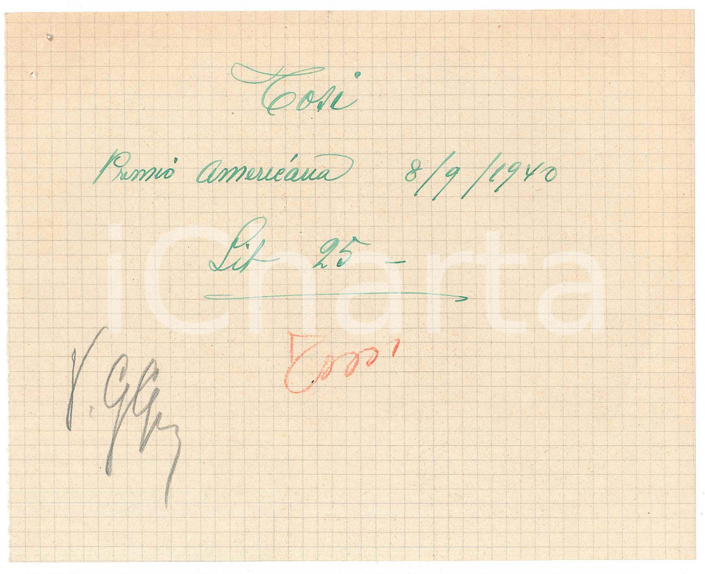 Autografo originale 1940 CICLISMO MILANO Ricevuta Angelo TOSI per premio  AUTOGRAFO 1