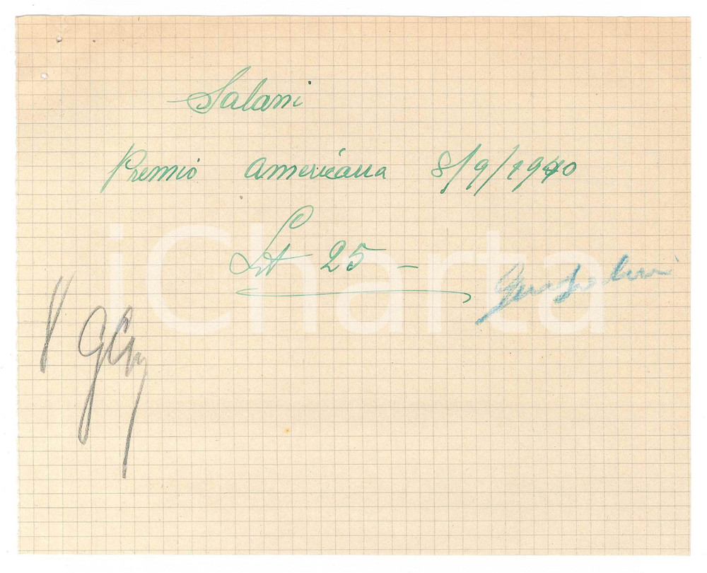 1940 CICLISMO MILANO Ricevuta Gino SALANI per premio americana - AUTOGRAFO