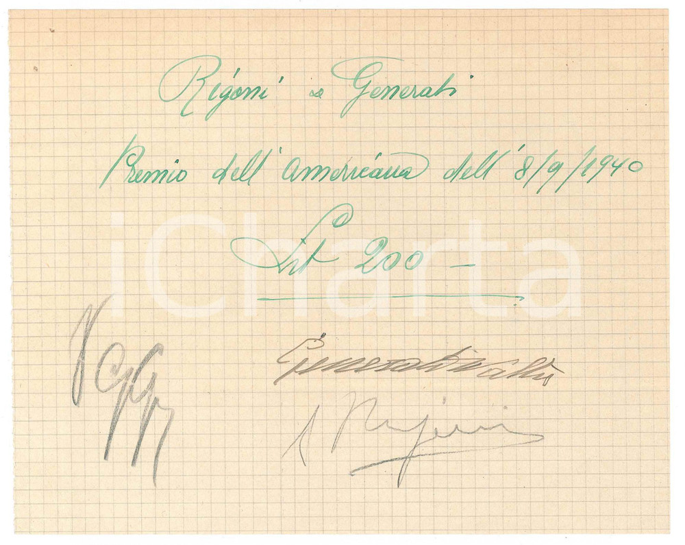 Autografo originale 1940 CICLISMO MILANO Ricevuta Severino RIGONI Walter GENERATI premio  AUTOGRAFO 1