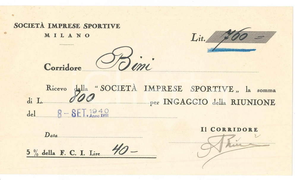 Autografo originale 1940 CICLISMO MILANO VIGORELLI Ricevuta Aldo BINI per corsa  AUTOGRAFO 1