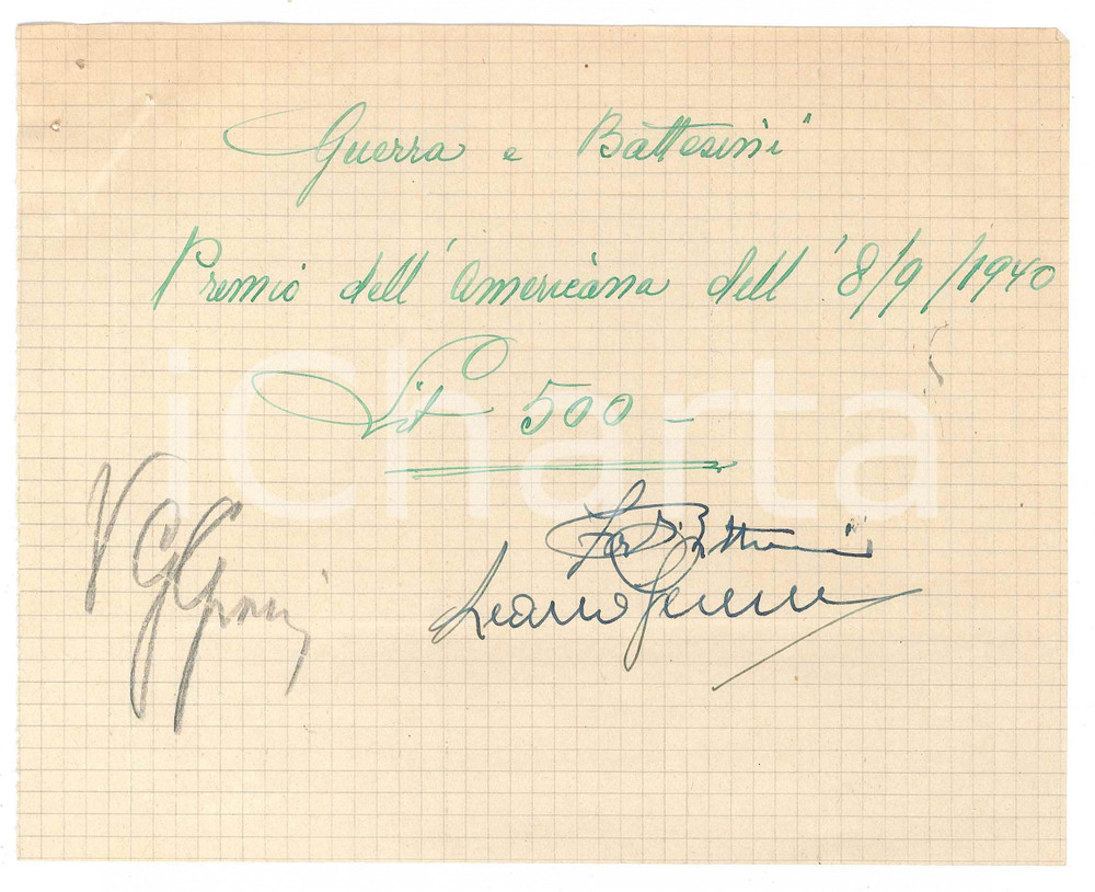 Autografo originale 1940 CICLISMO MILANO Ricevuta Learco GUERRA Fabio BATTESINI premio  AUTOGRAFO 1